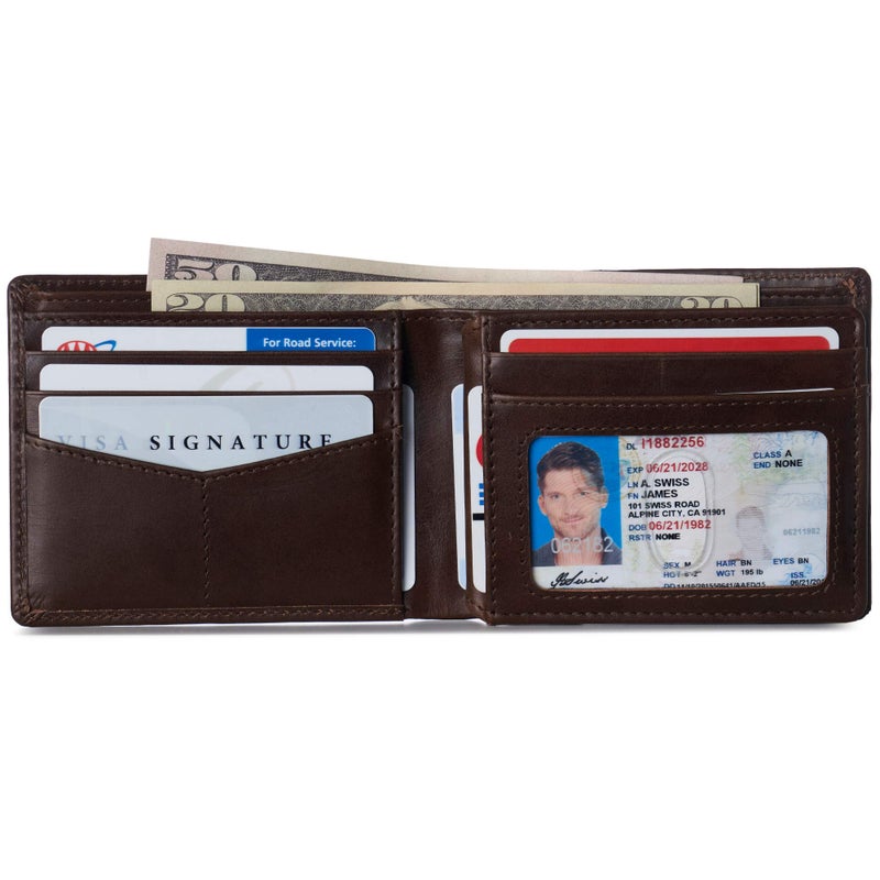 Alpine Swiss Wallet for Men Nolan Commuter Bifold Dual ID Windows for License Work Badge RFID Protection Divided Bill Section Gift Boxed Glossy Nappa Brown - Image 3